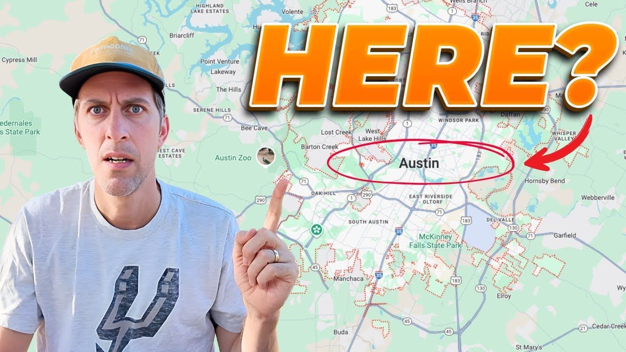 Man pointing at a map with a red circle around Austin, Texas, looking confused with 