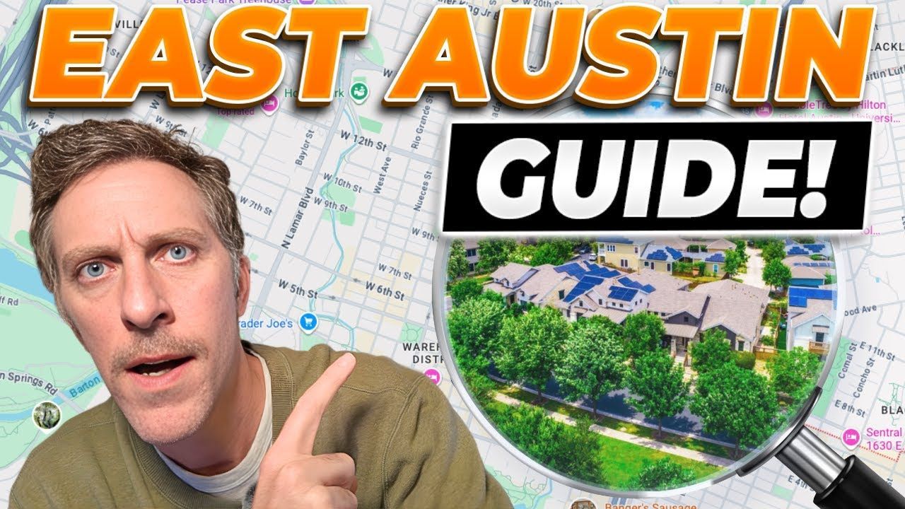 Man pointing at a map with “East Austin Guide!” title, magnifying glass over a green building, map in background.