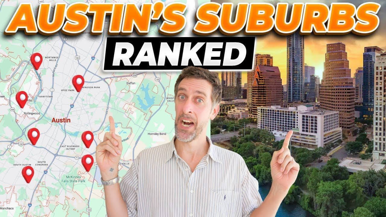 Man pointing at map of Austin suburbs, text