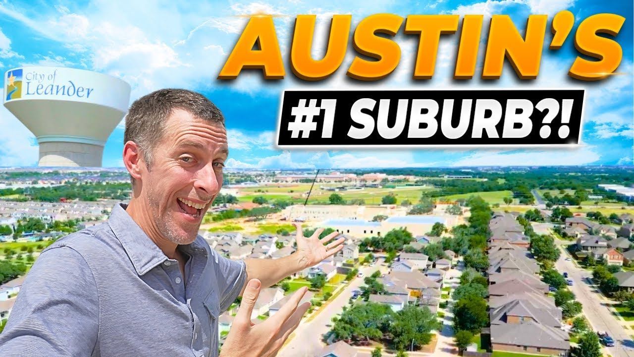 Man pointing at a suburban landscape in Leander, Texas, with a water tower, promoting Austin suburb.