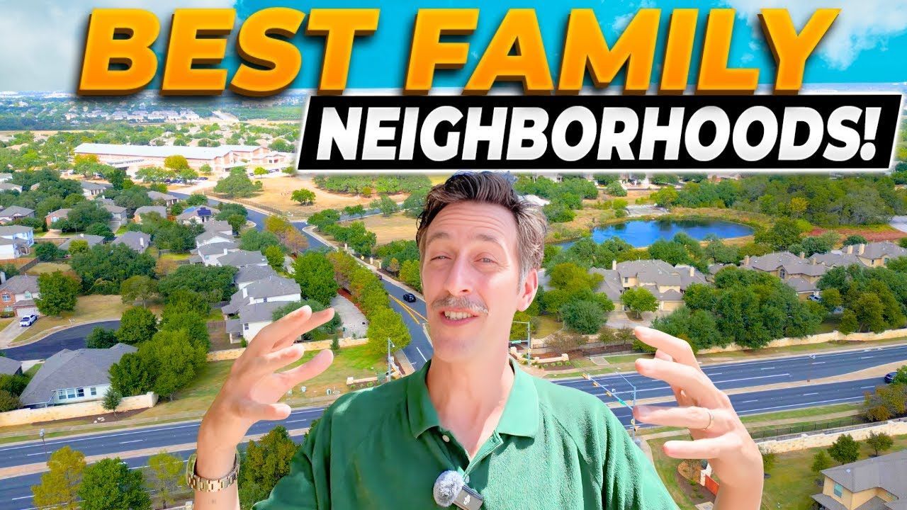 Man gesturing in front of a neighborhood aerial view, text reads: