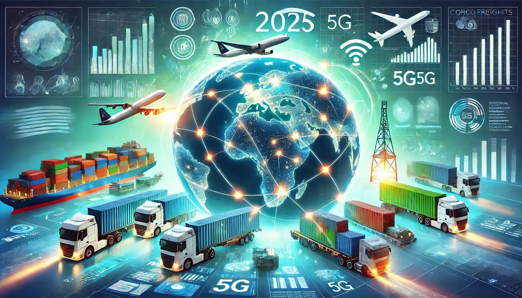 Illustration of global freight trends in 2025, featuring cargo ships, airplanes, and interconnected 