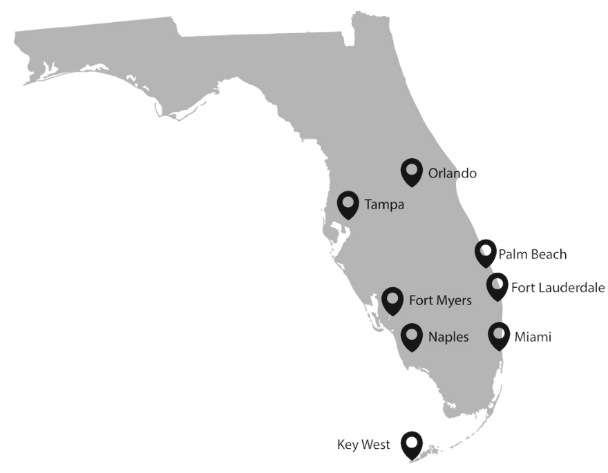 A black and white map of the state of florida with cities.