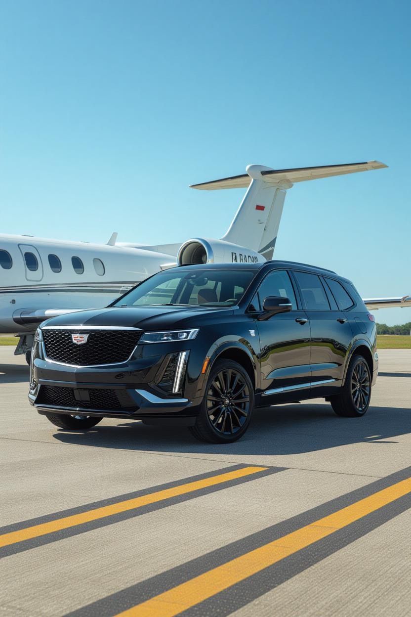 Black Cadillac Escalade SUV parked on tarmac in front of a private jet, with a colorful sunset in the background.