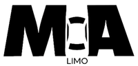 A black and white logo for MIA limo on a white background.