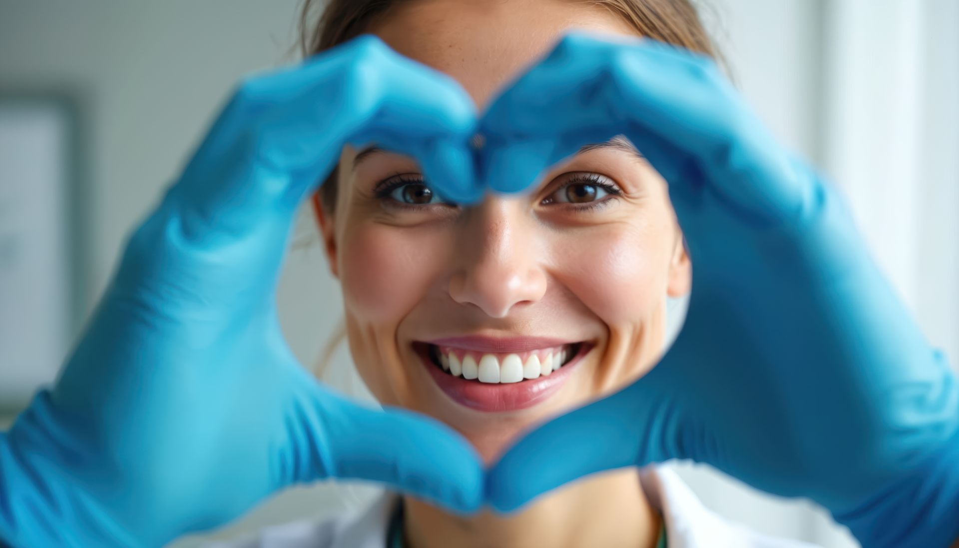 Smiling person in blue gloves makes heart shape with hands.
