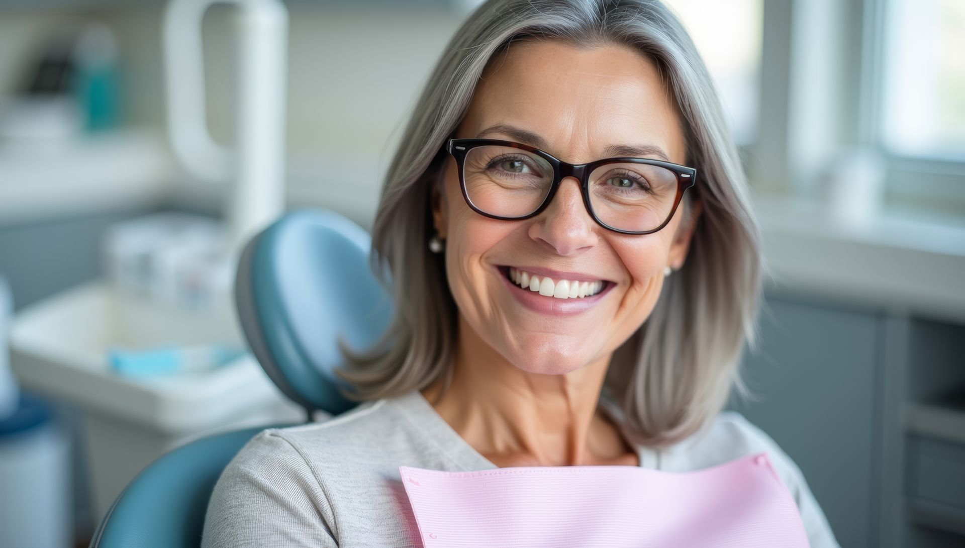 Woman in glasses smiles broadly in a dentist's chair. She has grey hair and a pink bib.