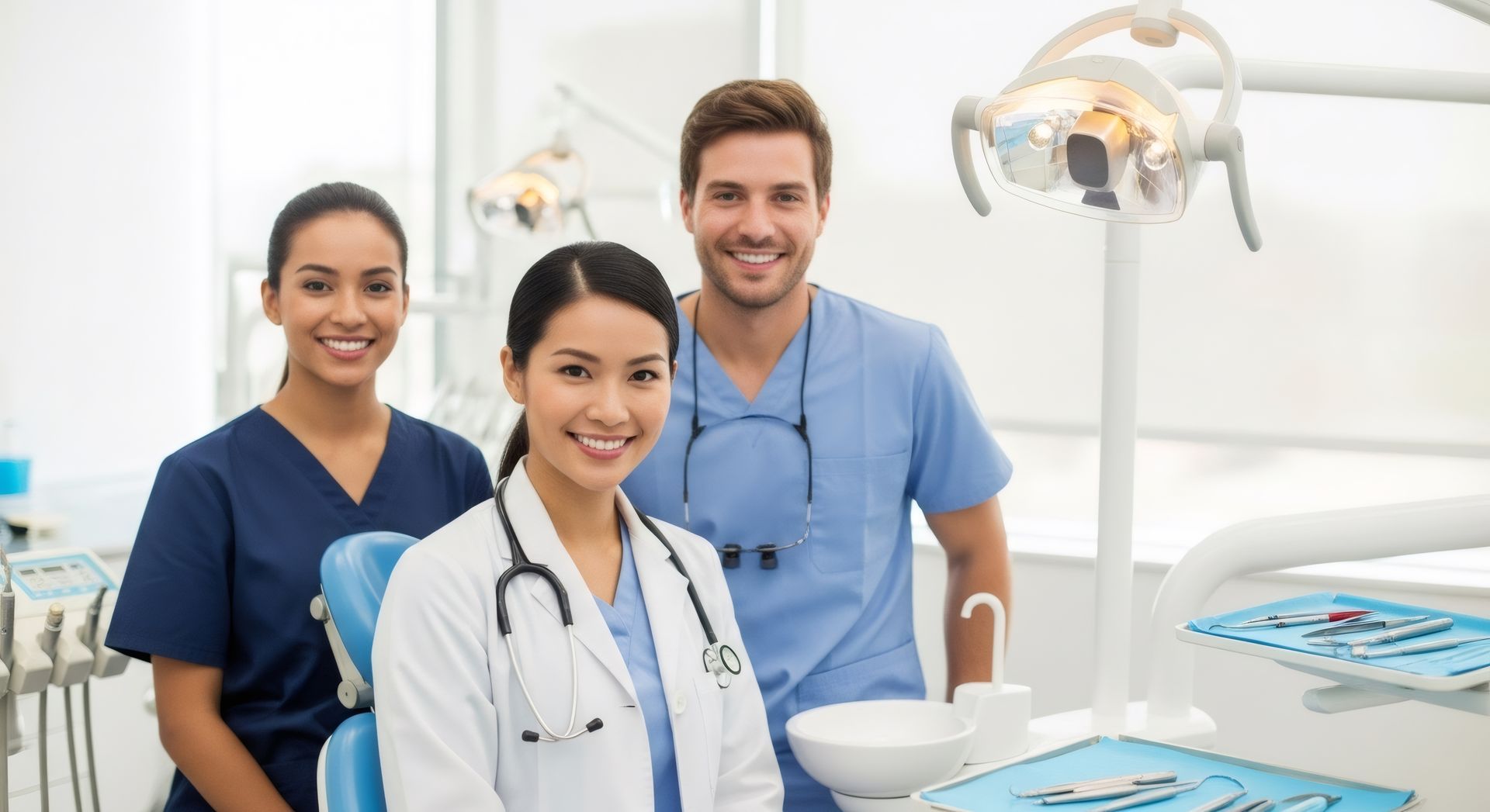 Dentist and assistants smiling in dental office, wearing scrubs and lab coats.