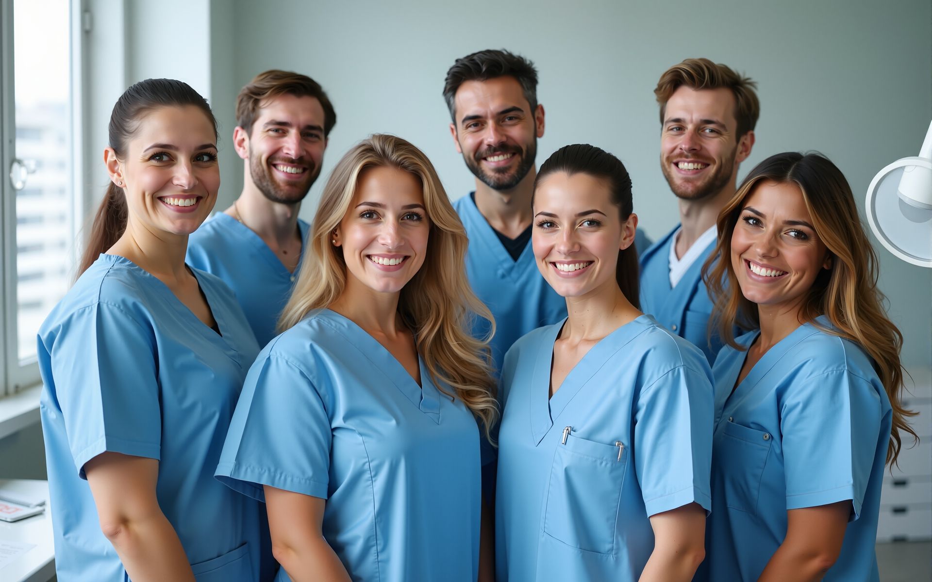 Group of medical staff in blue scrubs smiling in a clinic setting.