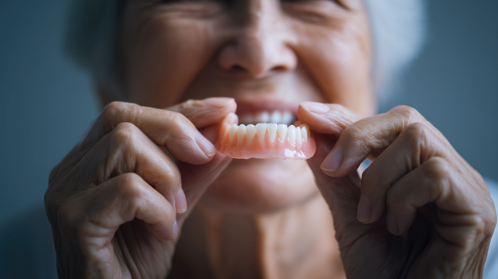 Woman holding dentures, smiling, with existing teeth visible.