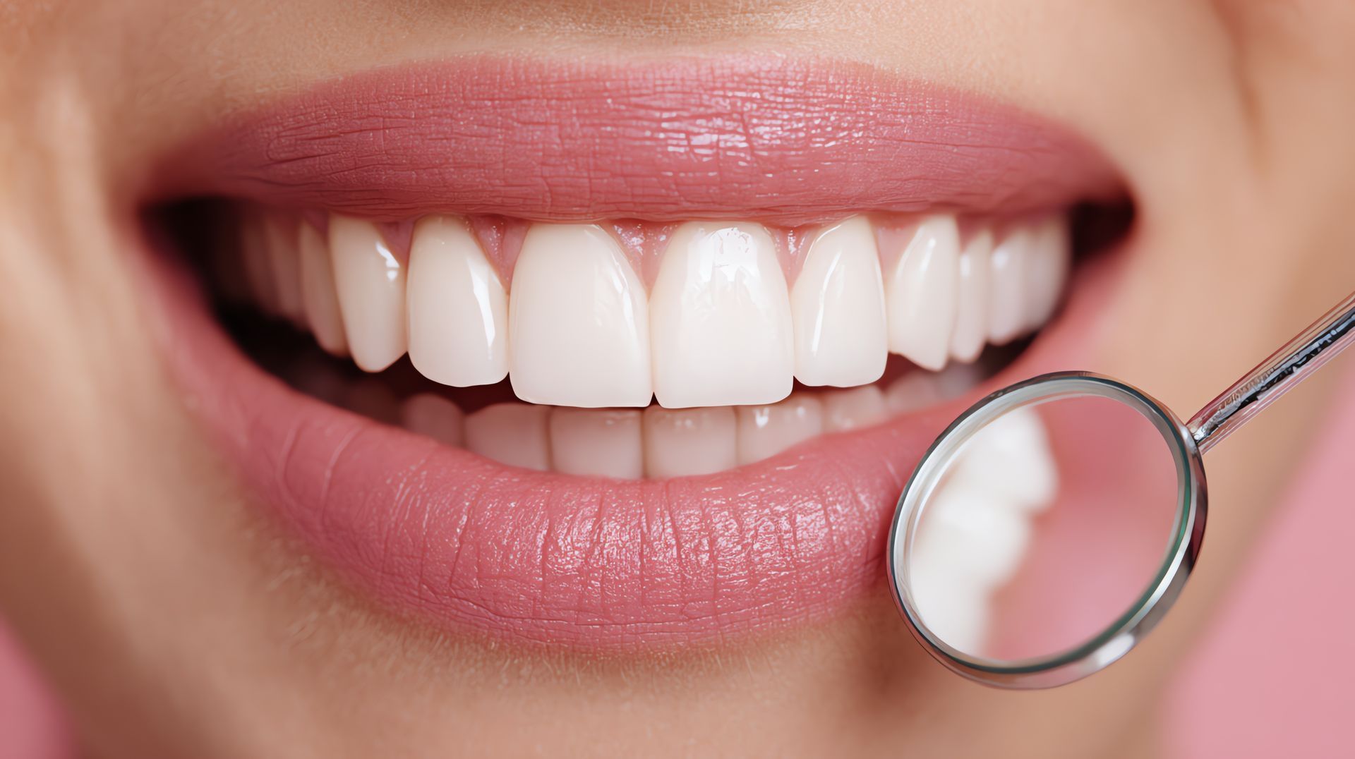 Close-up of a person's bright, white teeth, with a dental mirror reflecting the teeth; pink lips.