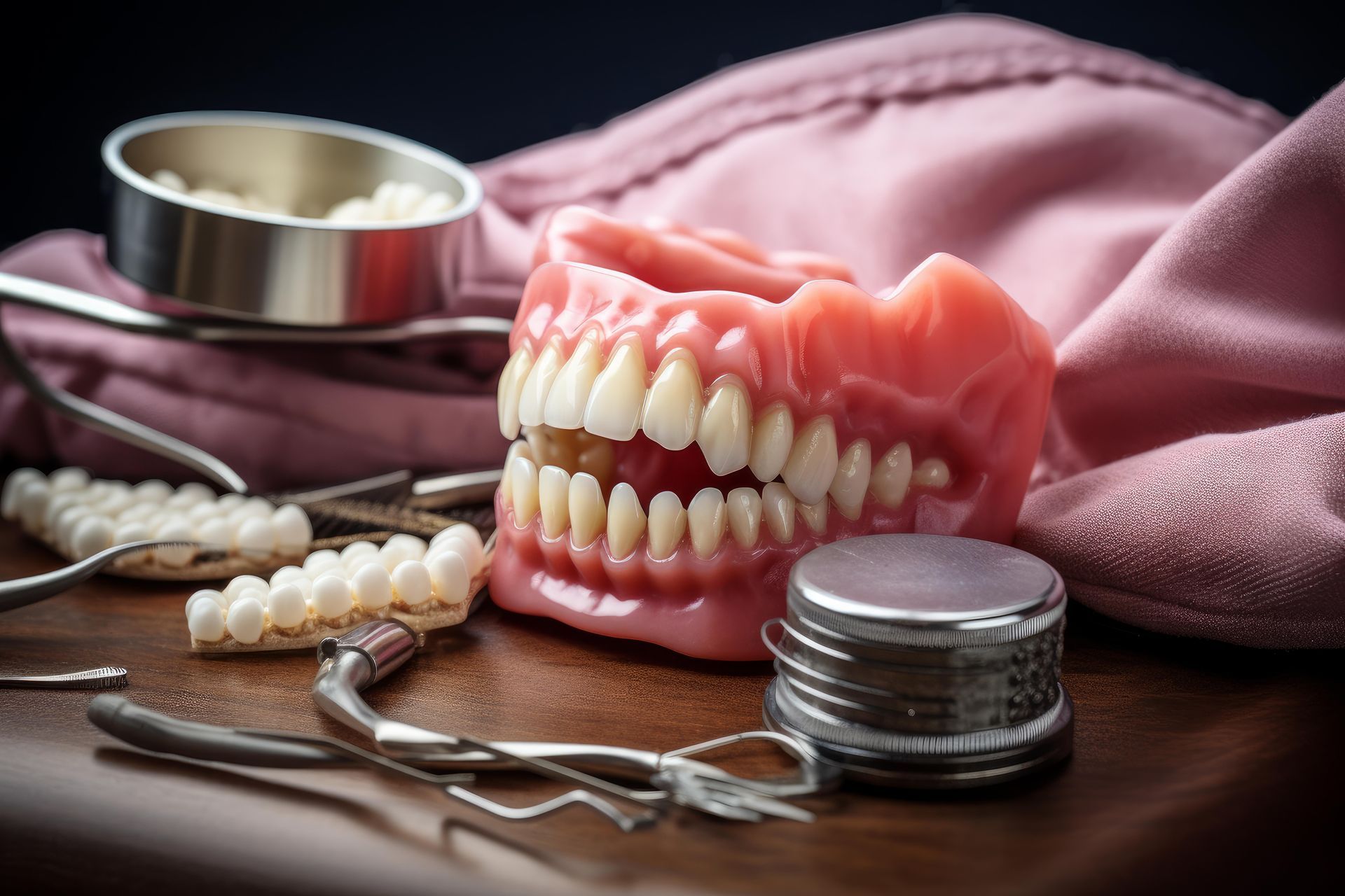 Dentures with tools, spare teeth, and containers on a wooden surface with pink fabric.