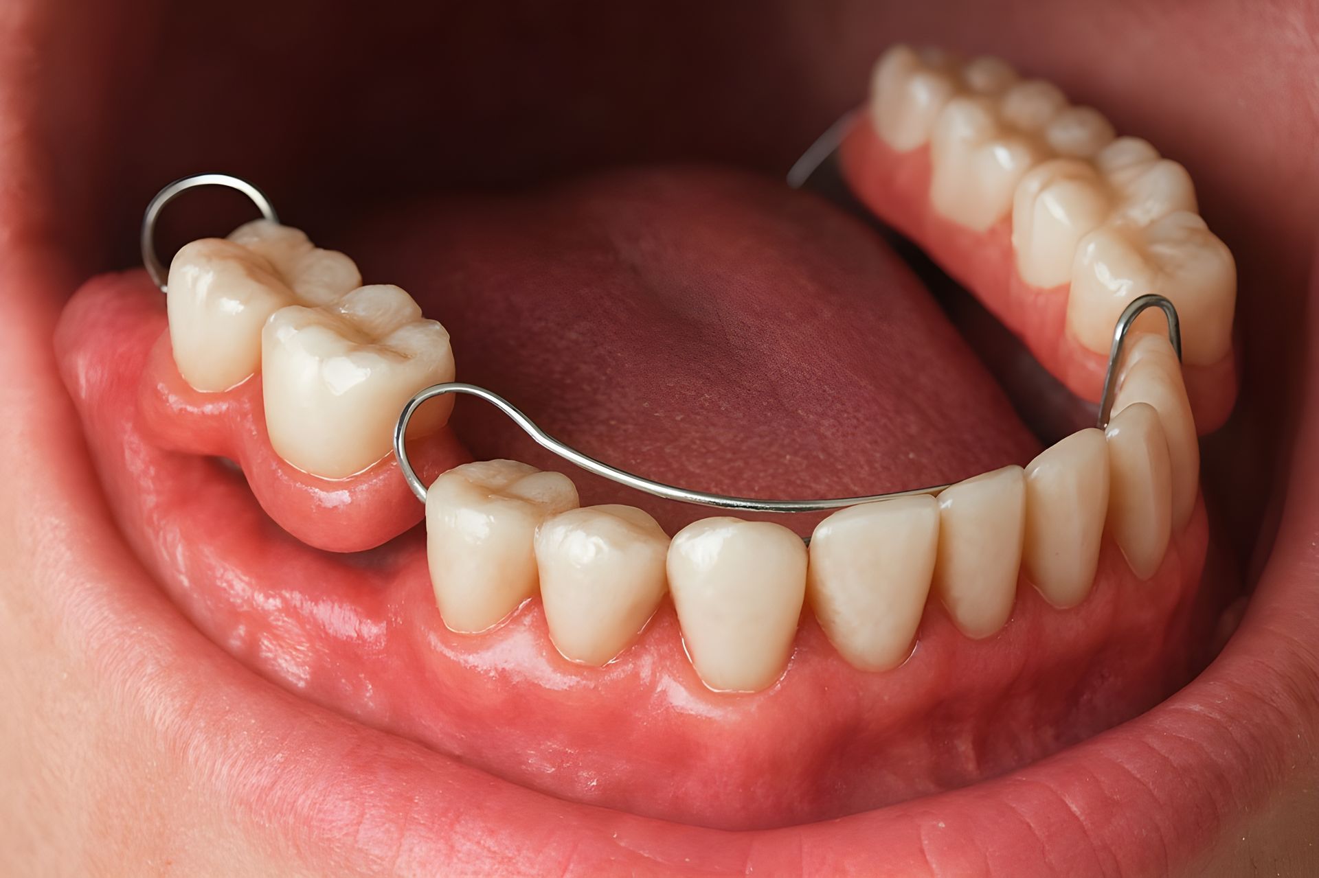 Partial denture in a person's mouth, with metal clasps holding artificial teeth in place.