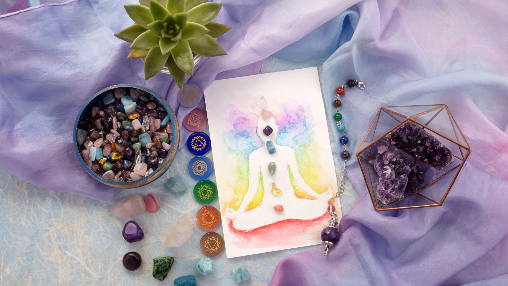 a painting of a person in a lotus position surrounded by chakras and crystals .