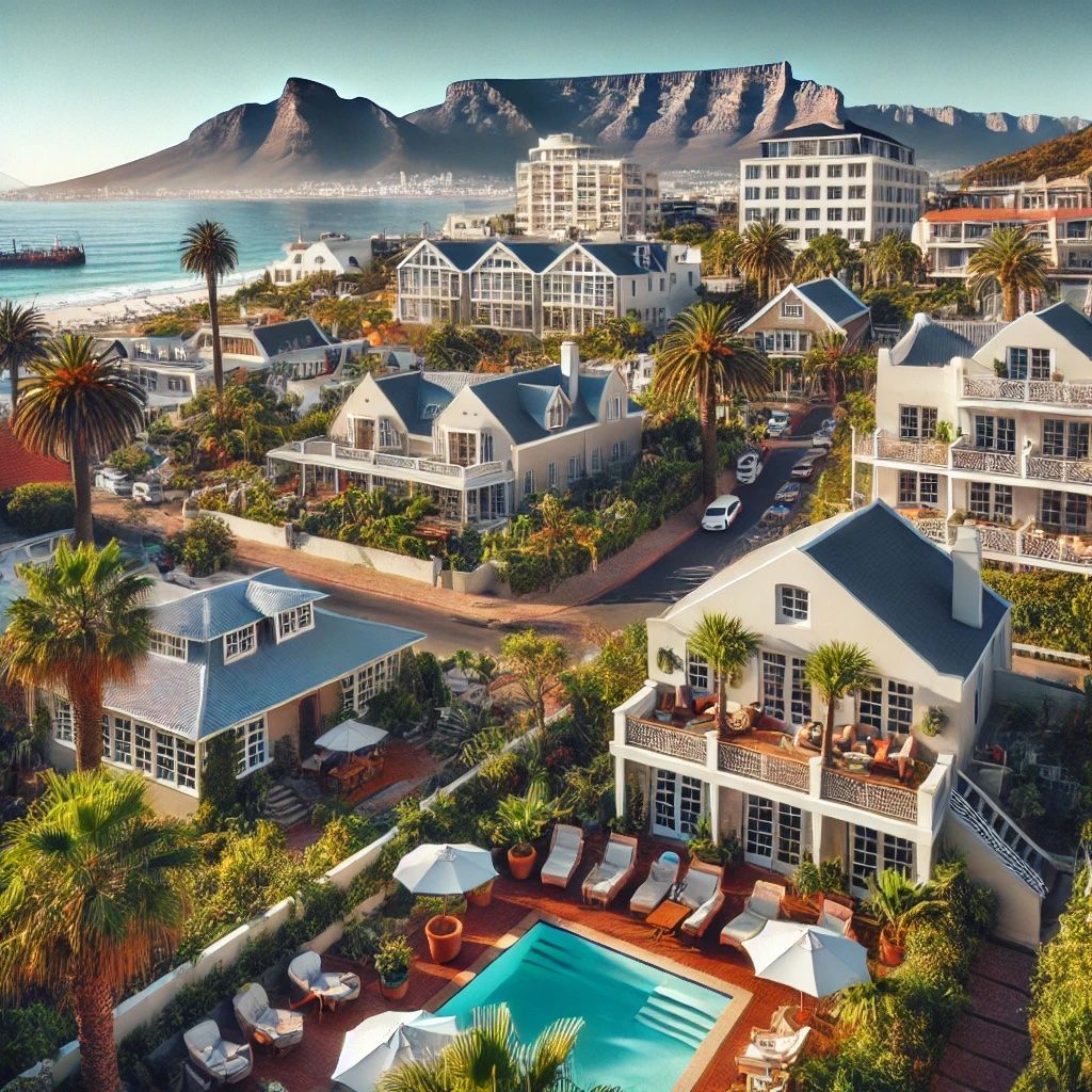 A luxurious coastal resort with white buildings surrounded by palm trees and a central swimming pool. The backdrop features a stunning view of Table Mountain and the ocean. The scene is a perfect blend of nature and modern luxury.