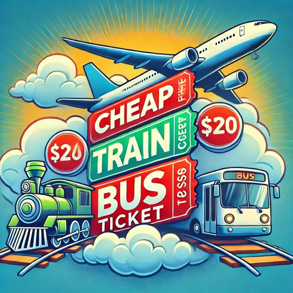 A colorful graphic poster advertising cheap travel options, featuring a train, bus, and airplane. The bold text reads 'Cheap Train Bus Ticket $20,' surrounded by fluffy clouds and a bright, sunny background.