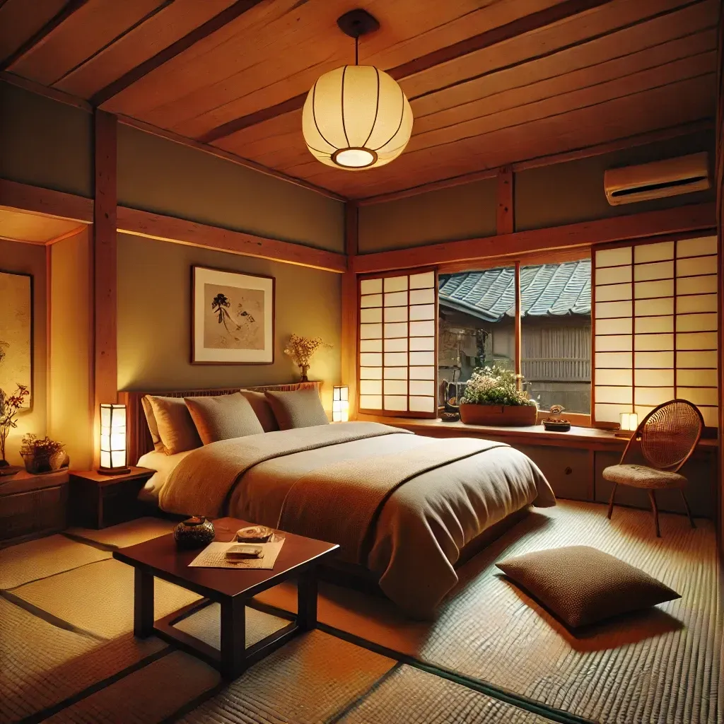 A minimalist Japanese apartment interior with a gray sofa, a compact kitchen, and a city view balcony