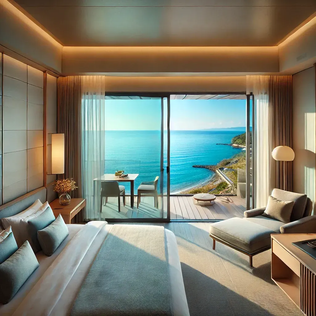 A modern ocean view room in Japan with floor-to-ceiling windows and a balcony overlooking the sea
