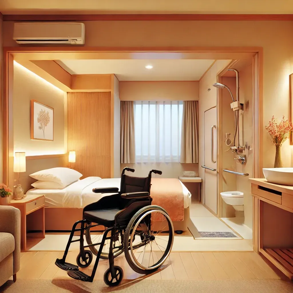 A wheelchair accessible room in Japan with wide doorways, grab bars, and a roll-in shower.