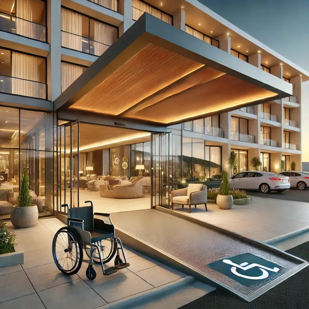 A modern hotel entrance featuring a glass-walled lobby and a well-lit awning. A wheelchair is positioned near a ramp with a handicap accessibility sign, highlighting the building's accessible design. Cars are parked along the driveway, with a warm and welcoming ambiance inside the hotel