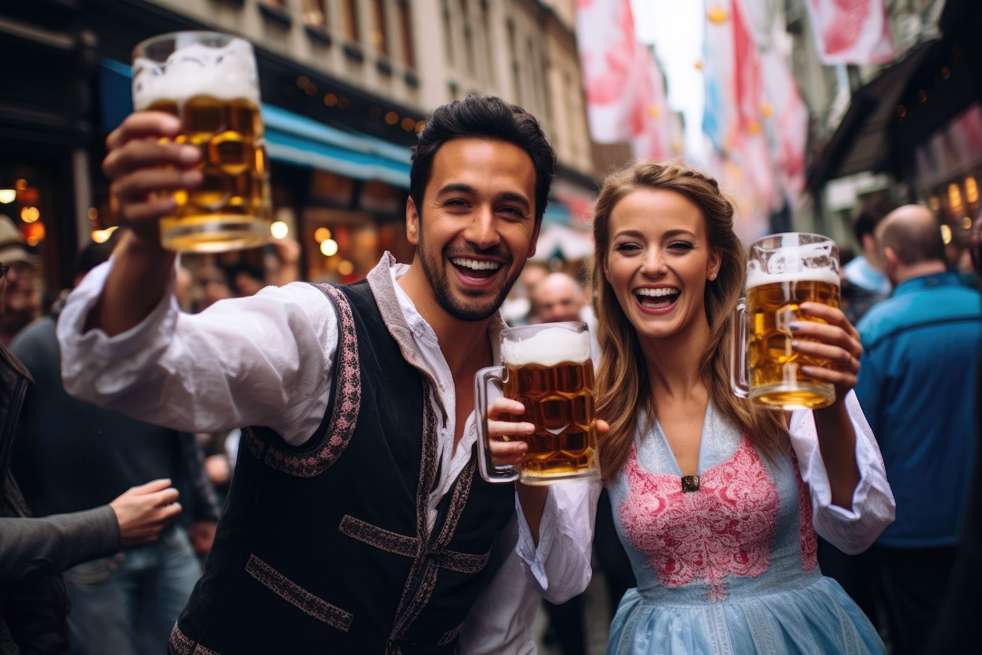 A man and a woman are holding mugs of beer in their hands.Oktoberfest in Munich Germany: The Ultimat