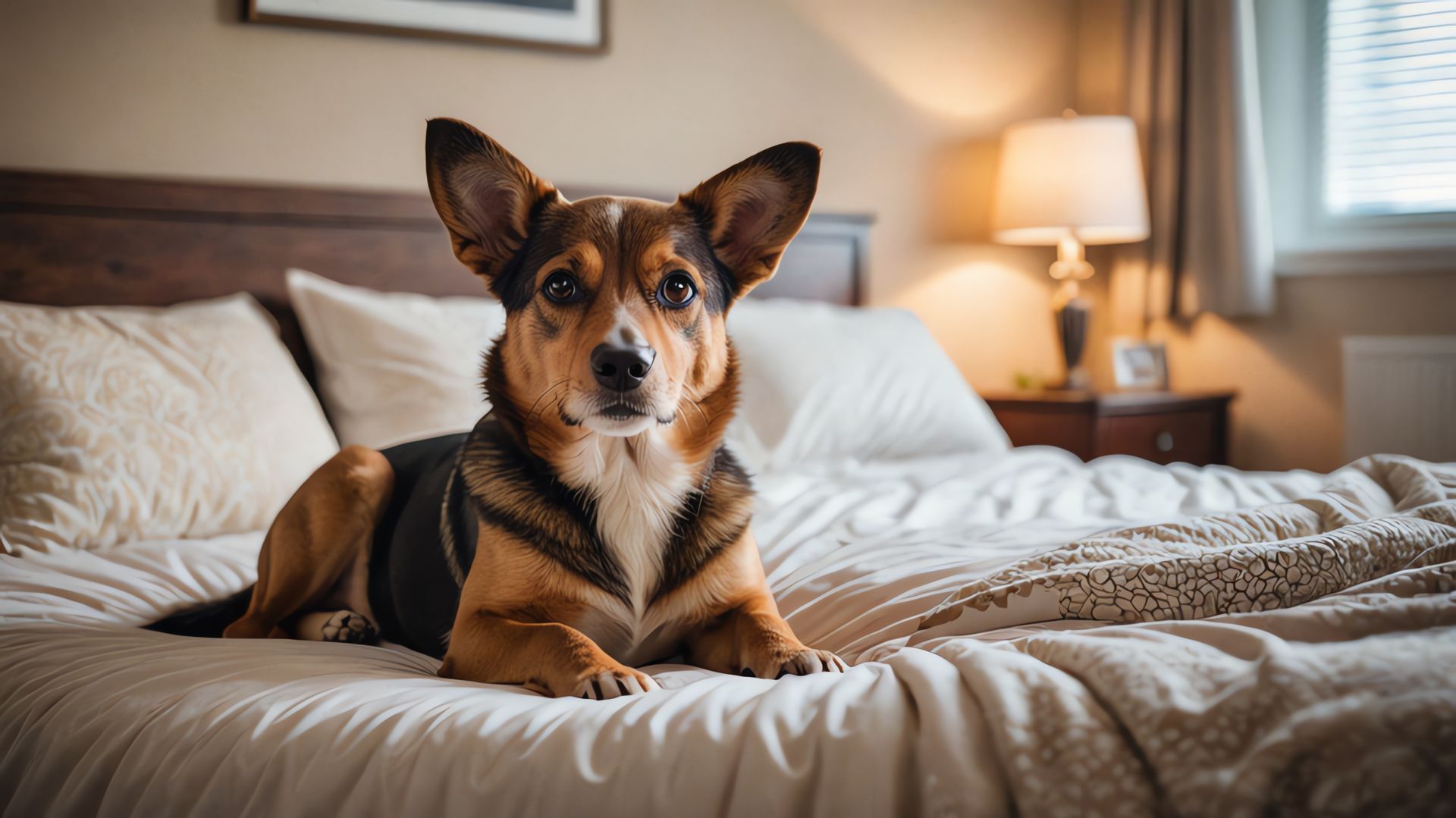 A small dog with large, alert ears and brown fur, lying comfortably on a neatly made bed. The cozy bedroom is softly lit by a bedside lamp, with pillows and blankets adding to the warm, inviting atmosphere.