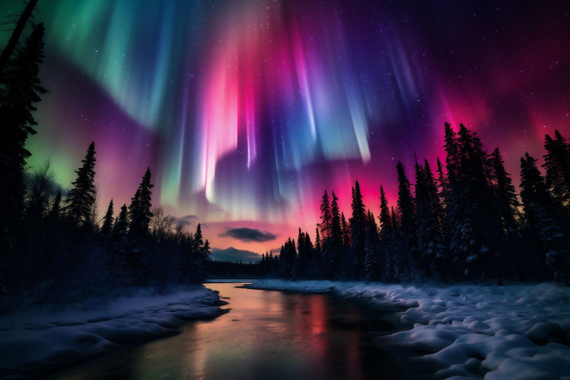 The aurora borealis is shining over a river in the woods.