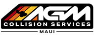 Logo for AGM Collision Services of Maui, "AGM," island graphic, and text: "COLLISION SERVICES" and "MAUI."