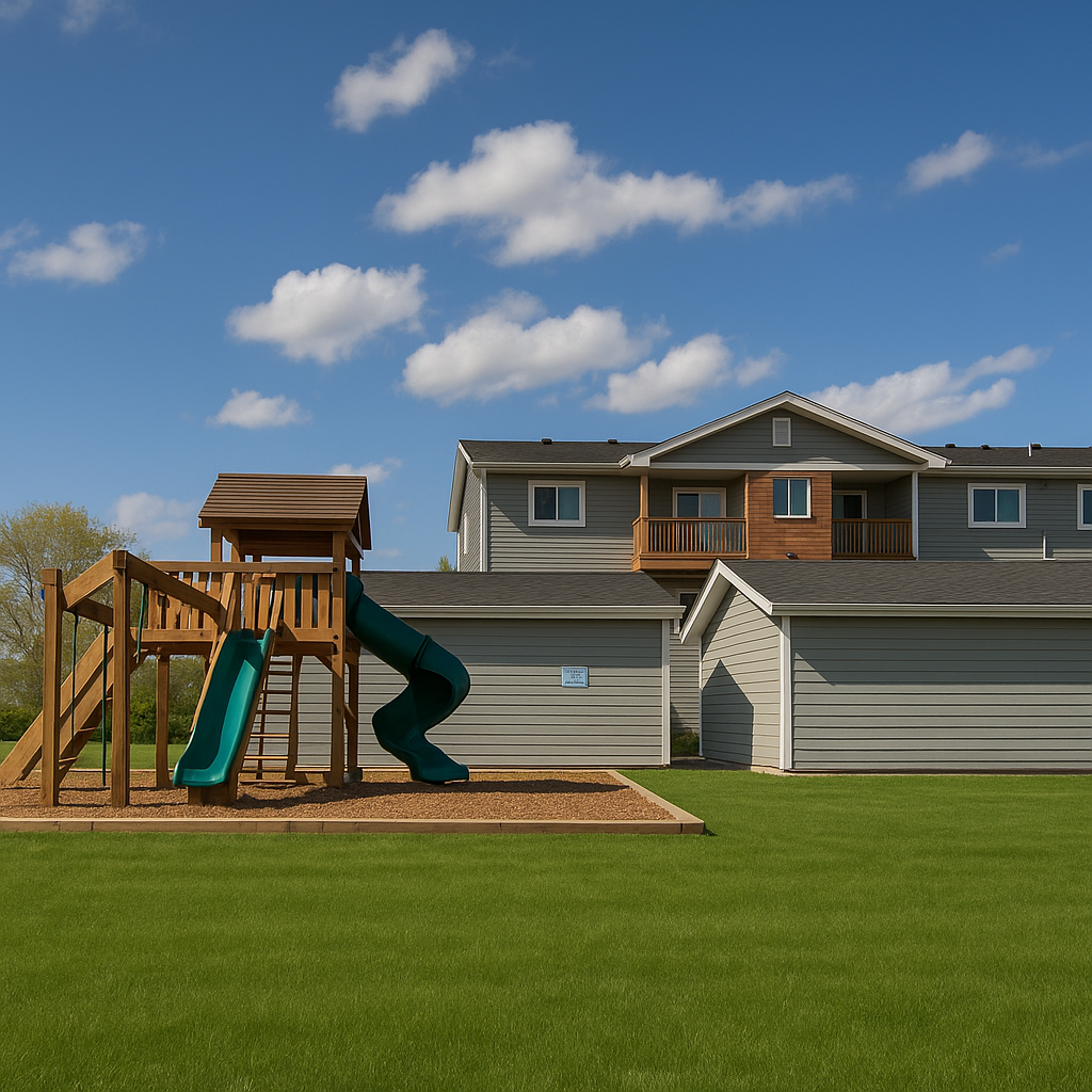 A house with a playground in front of it
