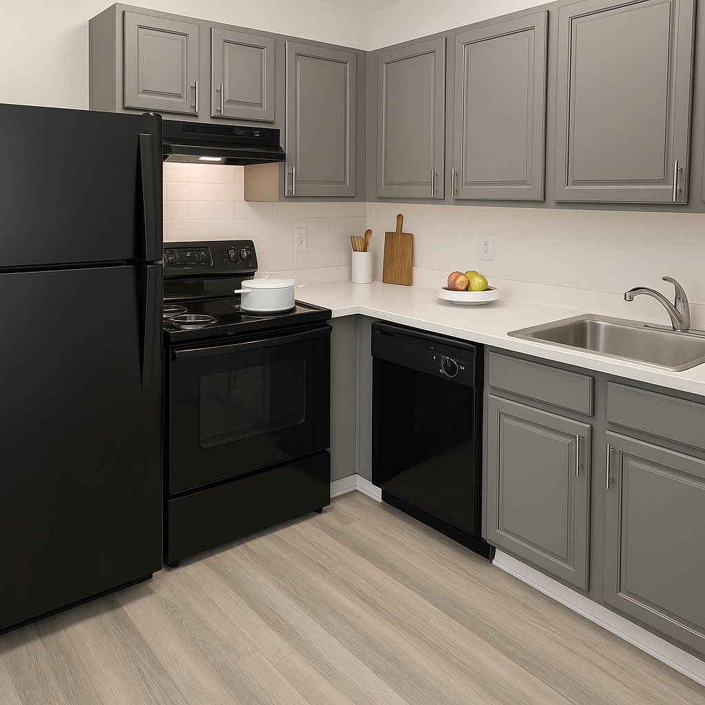 A kitchen with gray cabinets black appliances and a black refrigerator