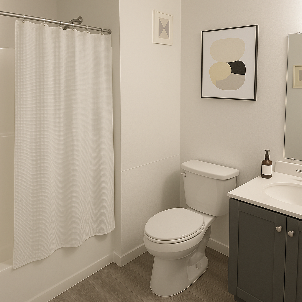 A bathroom with a toilet , sink , and shower curtain.
