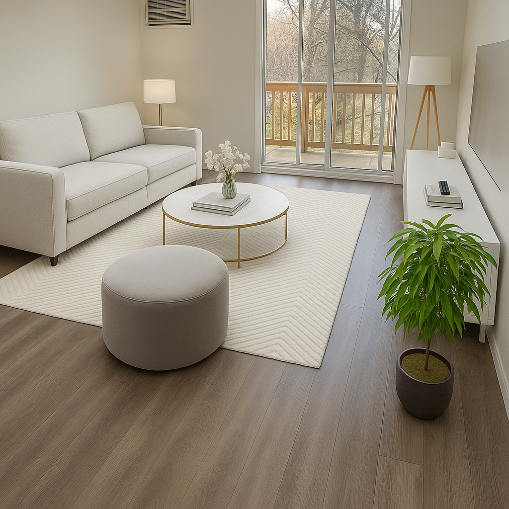 A living room with a couch , coffee table , ottoman and potted plant.
