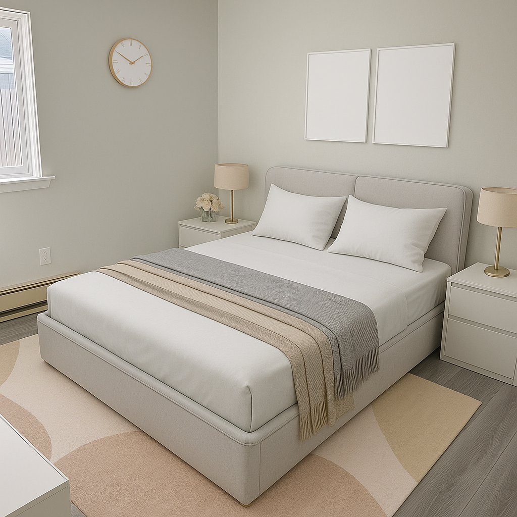 A bedroom with a bed and a clock on the wall