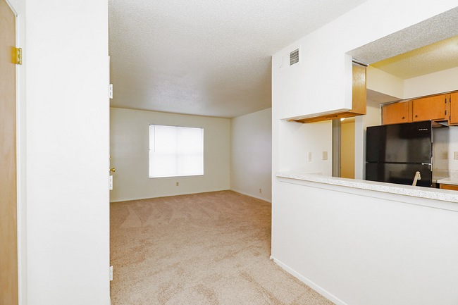 An empty apartment with a kitchen and a living room