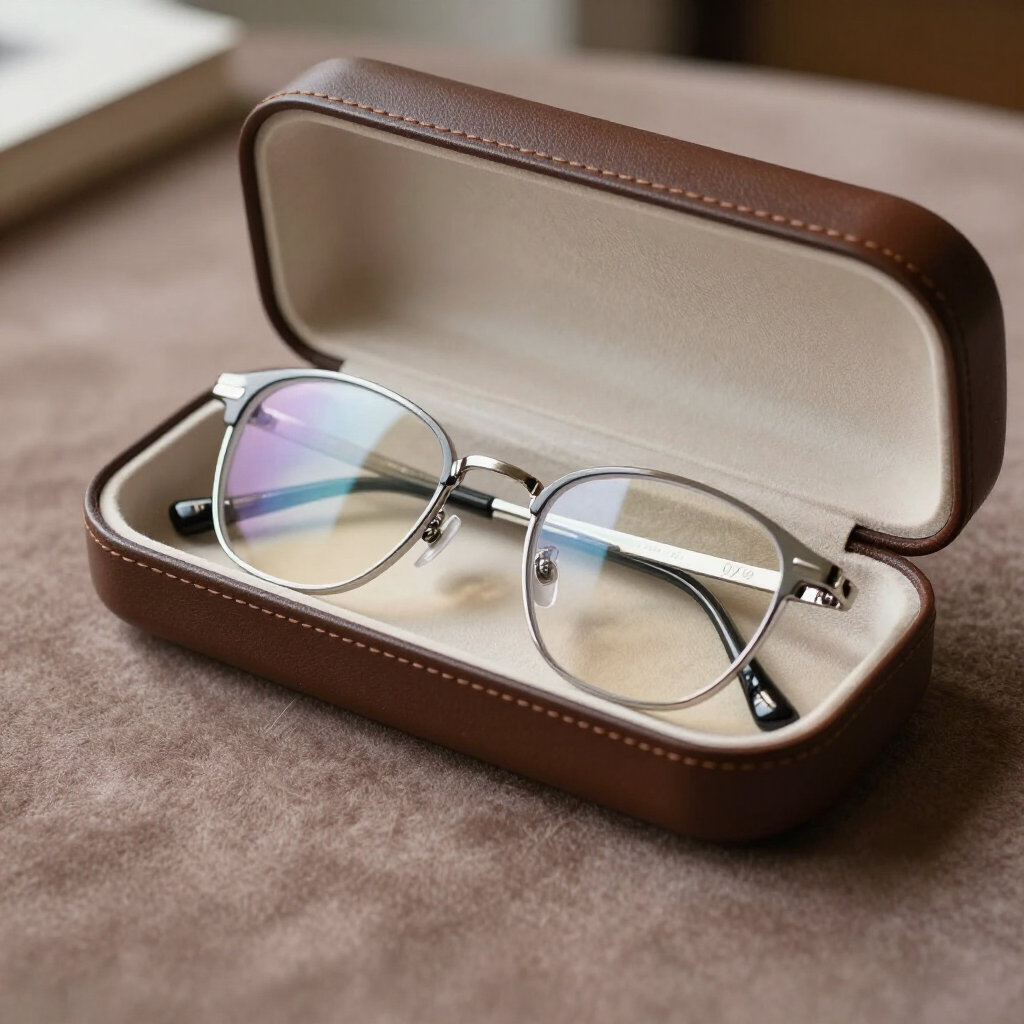 Gafas redondas en un estuche marrón sobre una superficie beige suave.