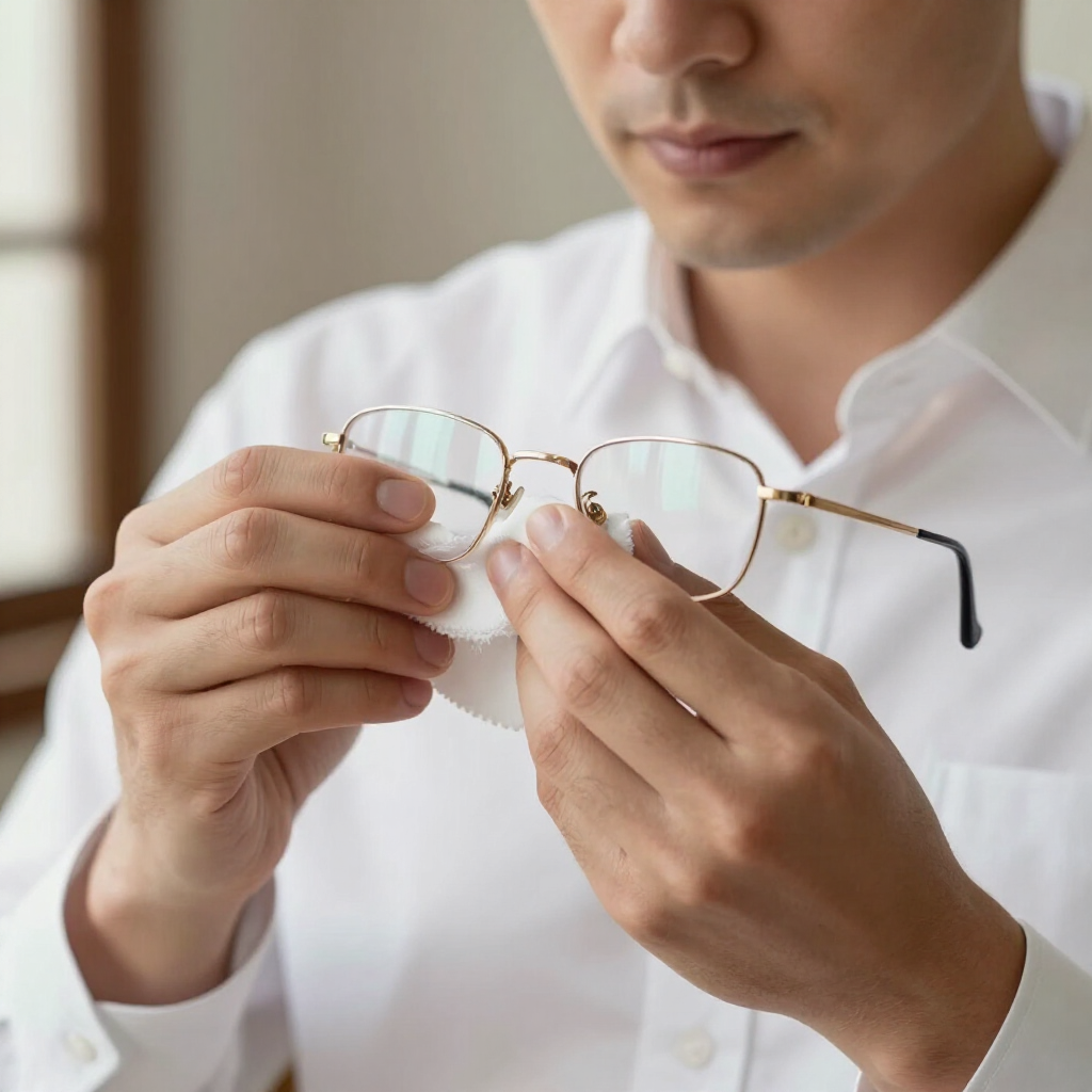 Persona que examina un par de gafas con montura dorada y que lleva una camisa blanca.