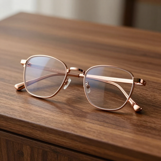 Gafas con montura dorada sobre una mesa de madera