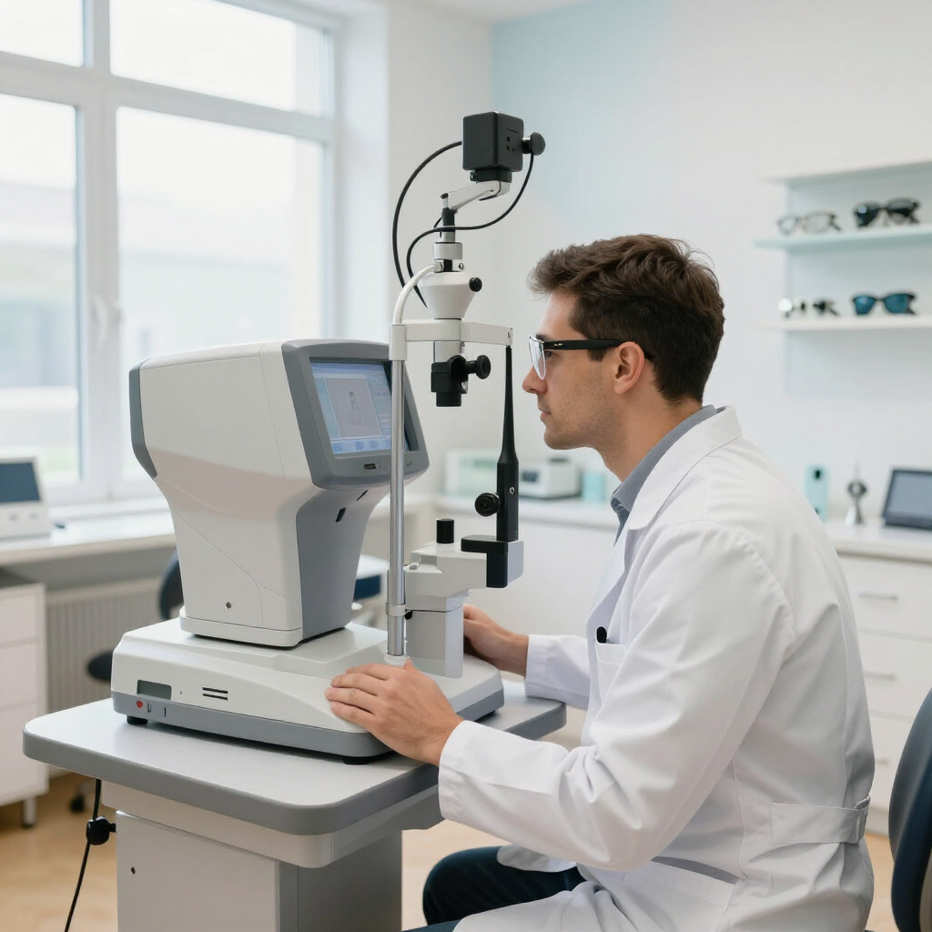 Médico utilizando una máquina de examen ocular en una clínica luminosa.