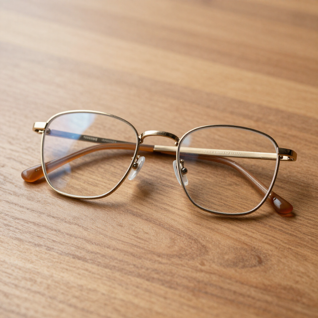 Gafas con montura dorada descansando sobre una mesa de madera.