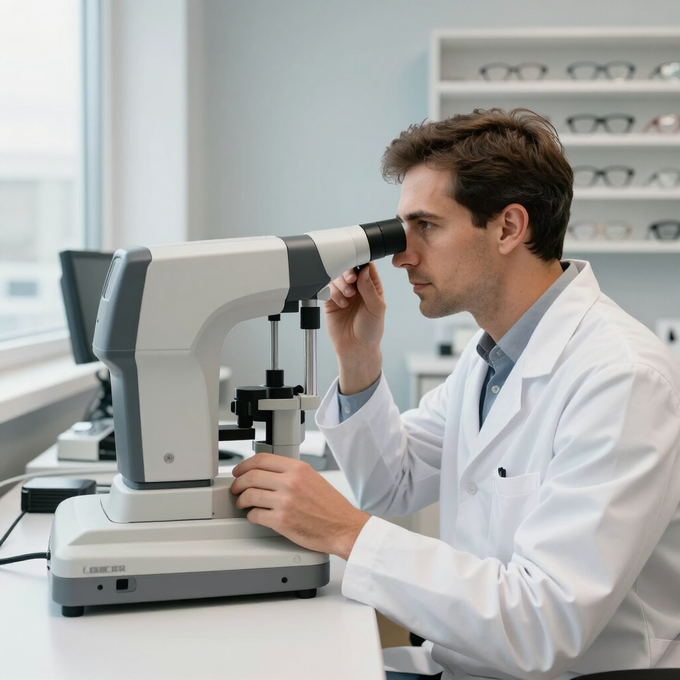 Científico con bata blanca de laboratorio mirando a través de un microscopio en un laboratorio bien iluminado.