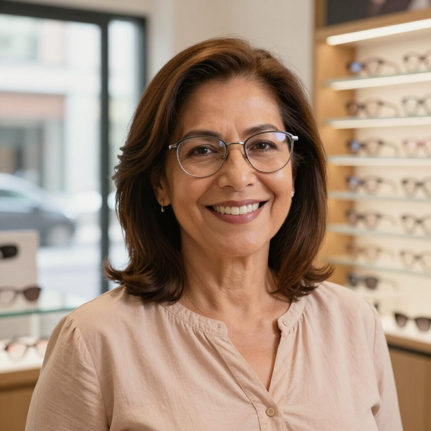 Mujer sonriente con gafas y blusa beige en una óptica.