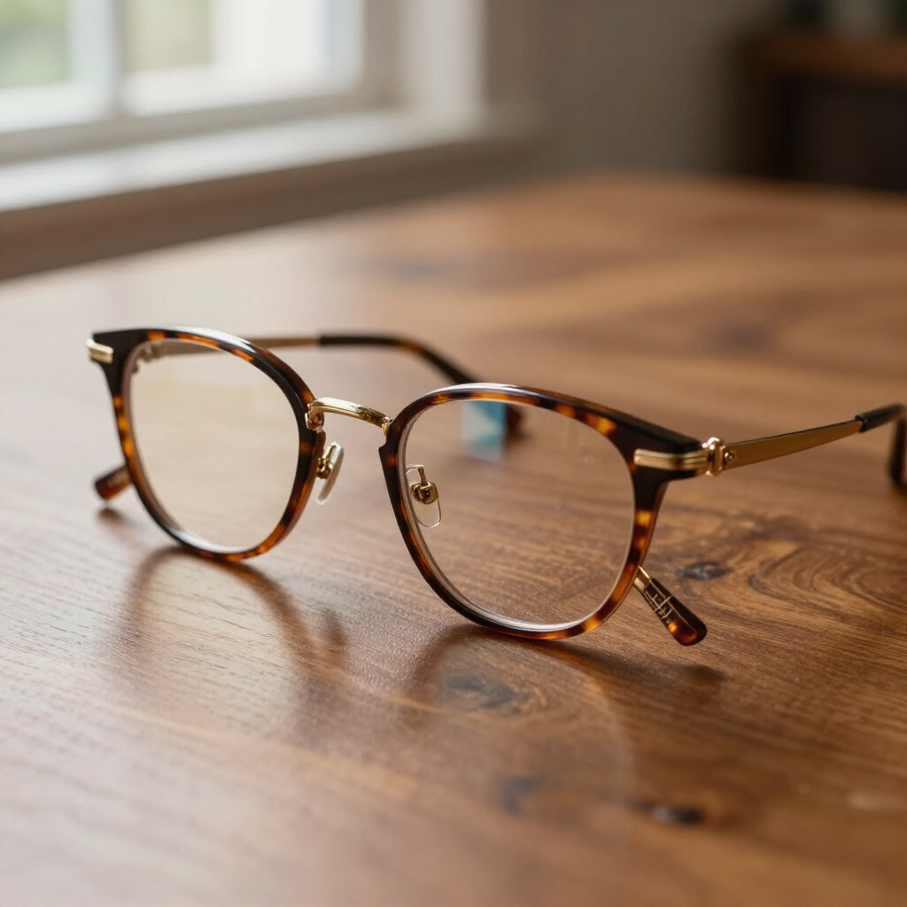 Unas gafas de carey descansan sobre una mesa de madera cerca de una ventana.