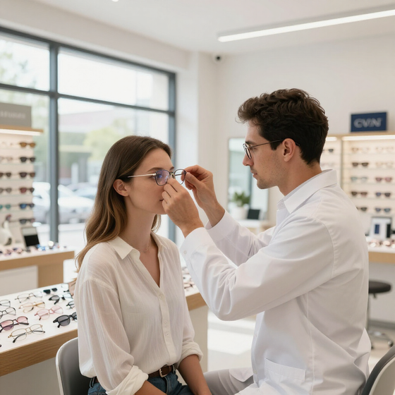 Optometrista ajustando las gafas de un cliente en una luminosa óptica.