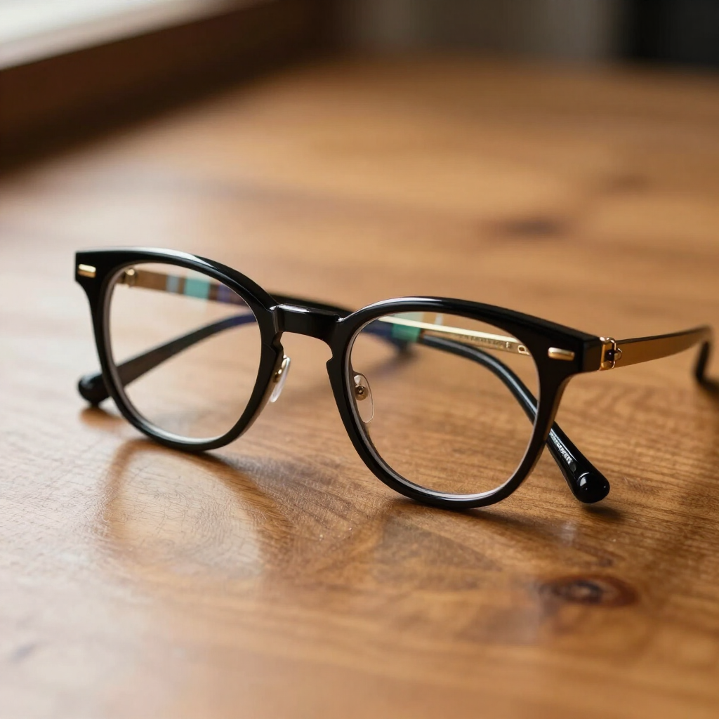 Gafas negras sobre una mesa de madera con un fondo cálido difuminado.
