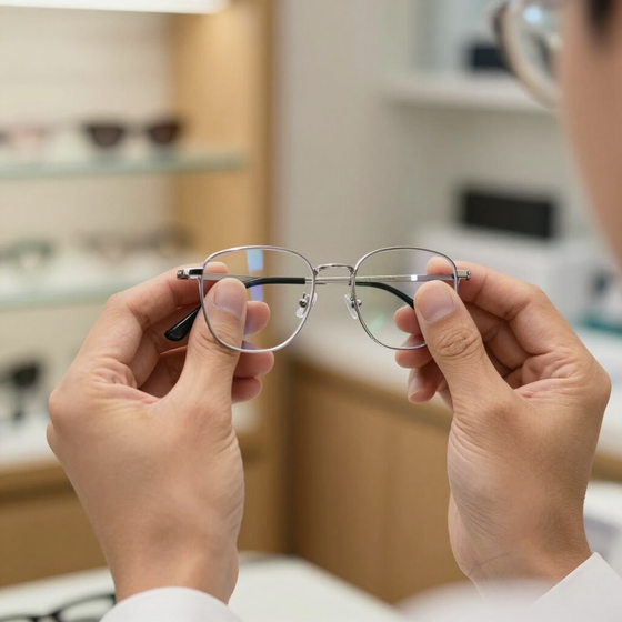 Manos que sostienen unas gafas plateadas en una óptica luminosa, inspeccionando detenidamente las monturas.