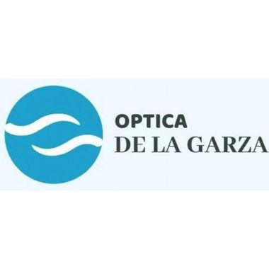 Logotipo de Óptica de la Garza: círculo azul con líneas onduladas blancas y texto negro sobre fondo claro.