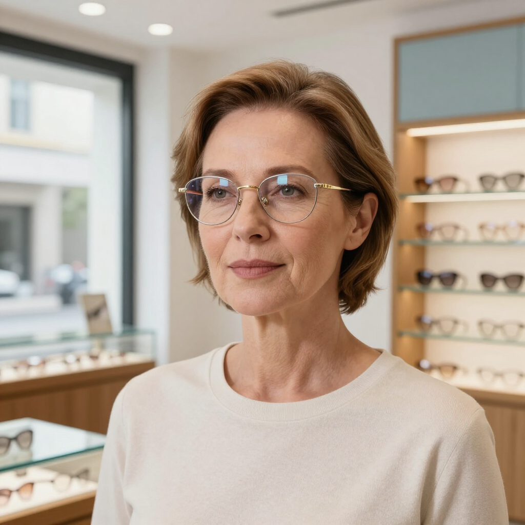 Persona con gafas en una óptica, con filas de monturas al fondo.