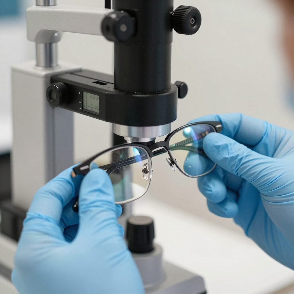 Unas manos enguantadas de azul ajustan unas gafas bajo un microscopio en un entorno de laboratorio.