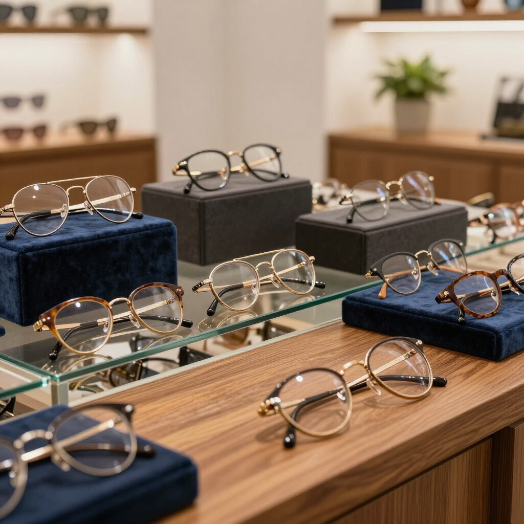 Gafas expuestas sobre soportes de terciopelo en una luminosa sala de exposición.