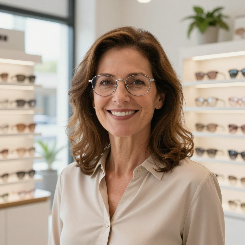 Persona sonriente con gafas en una óptica, con estanterías de exposición al fondo.